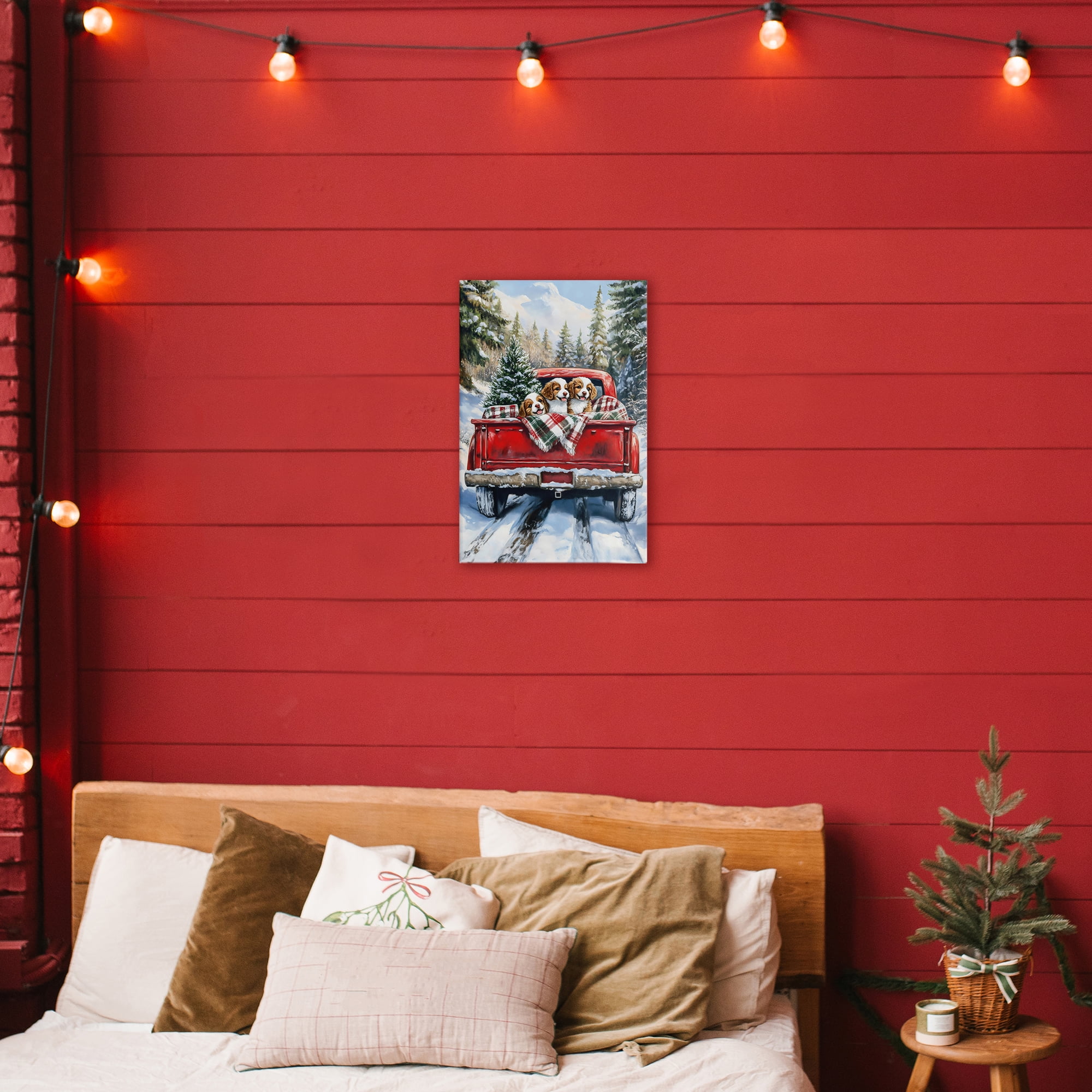 Christmas Truck Pups Trio Canvas Wall Art, design by Petal Prints Design