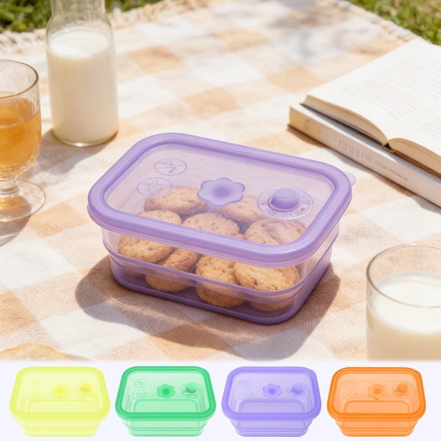 Silicone Food Storage Container, Foldable Dispensing Box With Exhaust Valve Sealing, for Microwave and Refrigerator, Purple
