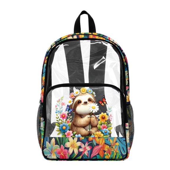 ZIATUBLES Clear Backpack, Heavy Duty Fabric & PVC Transparent Bookbag with Sloth Flower Butterfly Print, Large Capacity See Through Backpack for School College Work Travel Security
