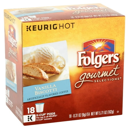 - Folgers Gourmet Selections Vanilla Biscotti Coffee, 0.31 oz, 18 count