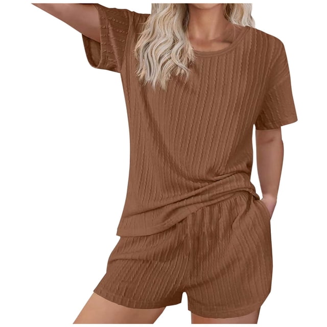 AherBiu Womens Pajama Sets Ribbed Short Sleeve T Shirts Pjs Set Elastic Waist Shorts Homewear Sleepwear