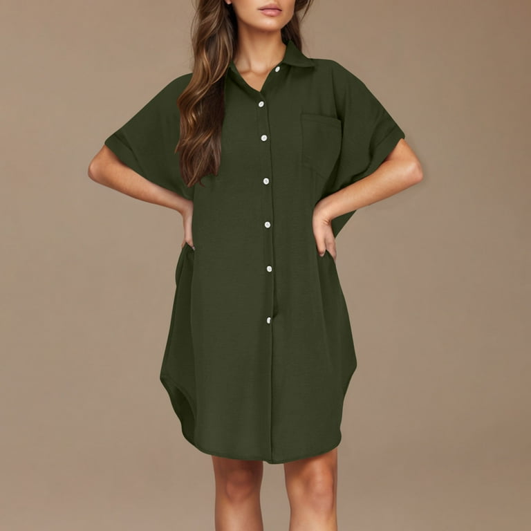 Dazajoo Womens Button Down Linen Dress with Pockets Casual Short Sleeve  Lapel Shirt Dresses 2025 Summer Lightweight Solid Color Going Out Mini Dress,Army  Green,S - Walmart.com