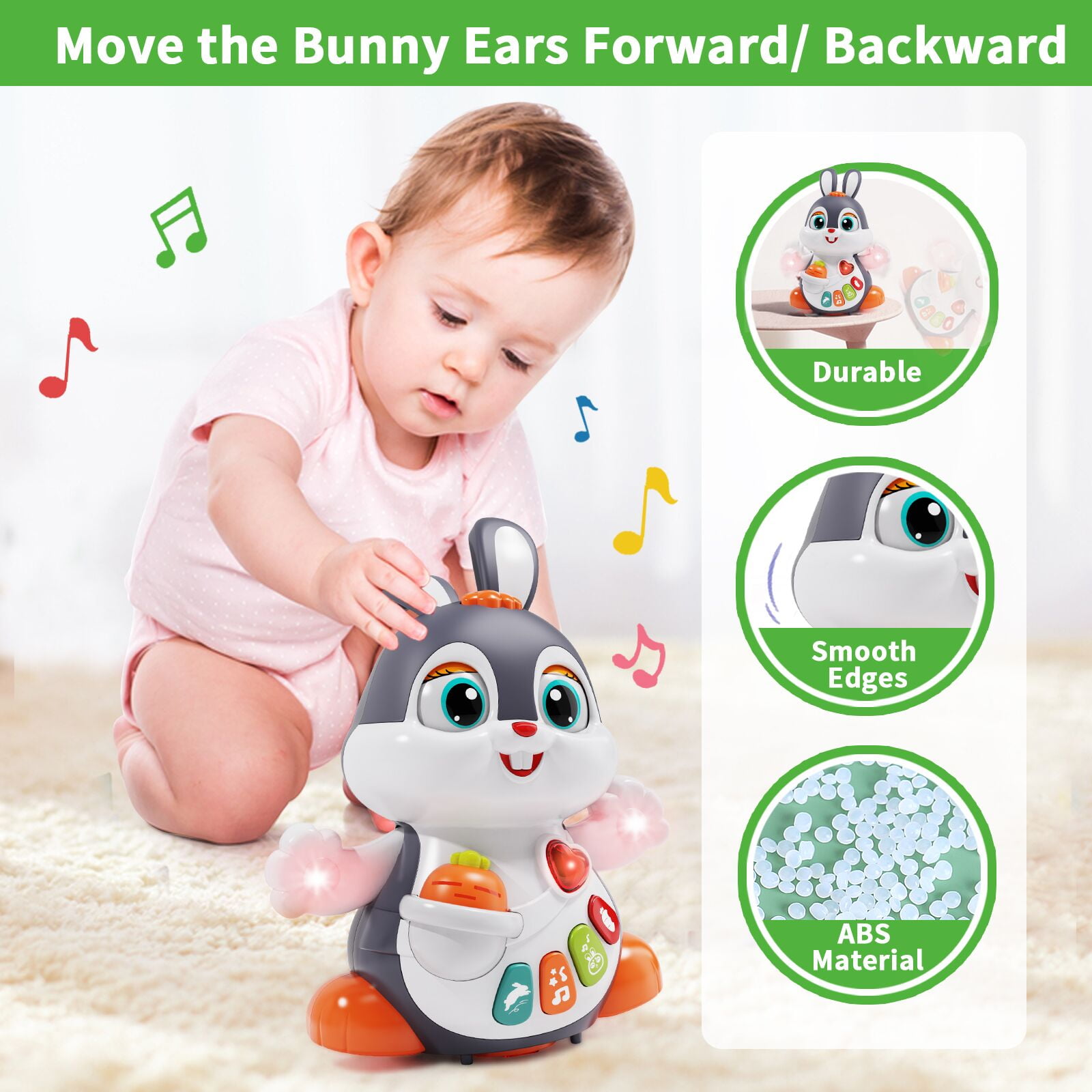 Wanonoo Easter Bunny Toys Baby Toy 6-12 12-18 Months Tummy Time Dancing Crawling Toy with Lights & Sounds, Easter Basket Stuffers, Infant Toys for 3 4 5 6 7 8 9 10 11 12 Months, Birthday Easter Gifts
