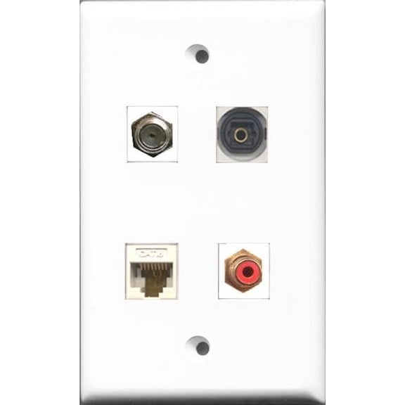 RiteAV 1 Port RCA Red and 1 Port Coax Cable TV- F-Type and 1 Port Toslink and 1 Port Cat6 Ethernet White Wall Plate