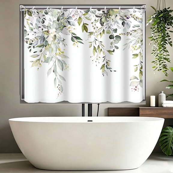 Shower Window Curtain, Watercolor Green Eucalyptus Small Short Waterproof Bathroom Window Curtain with Hooks,30x36 Inch