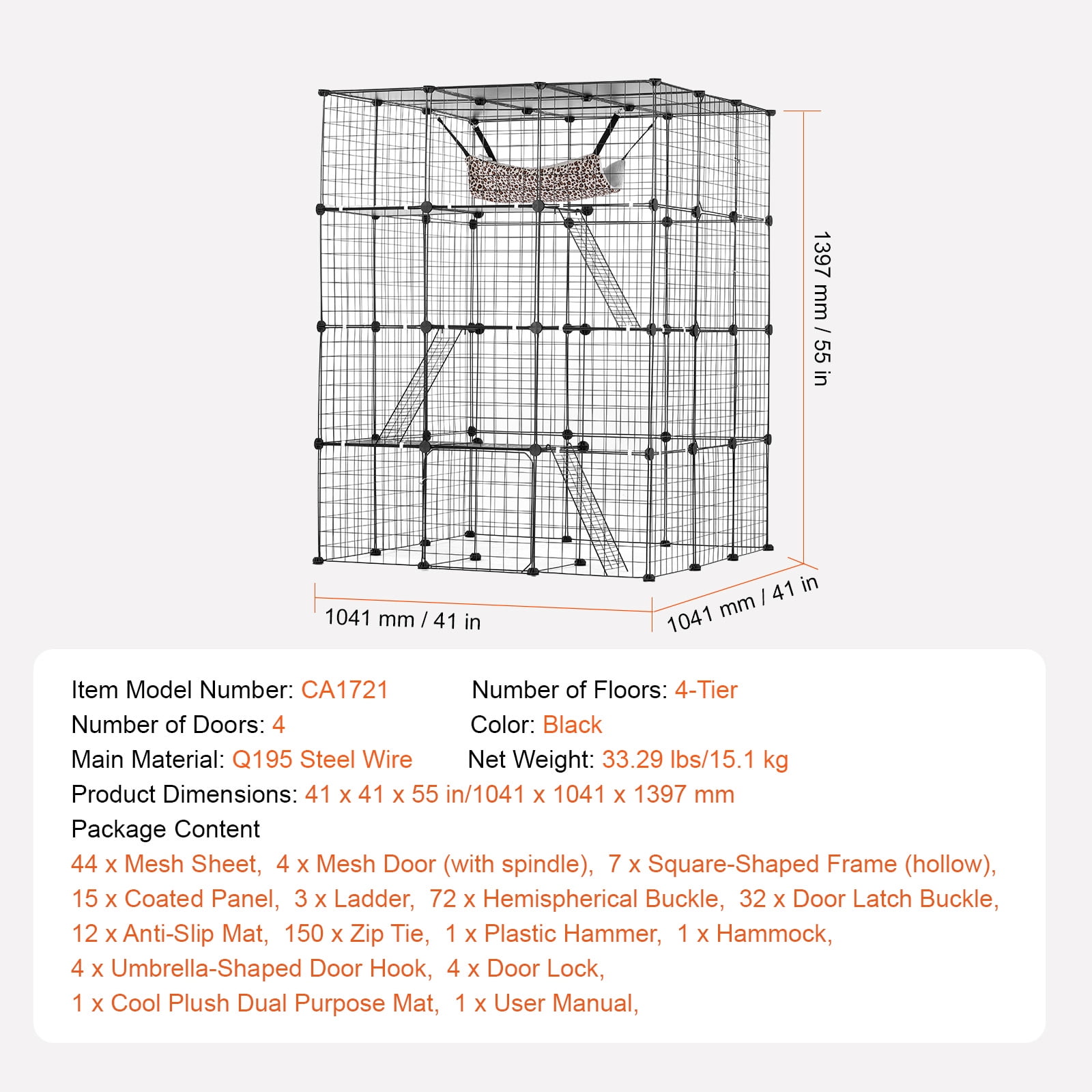 KFFKFF 4-Tier Cat Enclosure 41 x 41 x 55", Large Cat Cage with Hammock, 4 Entryways, Ladders, Metal Wire Cat Habitat Cat Kennel, Black