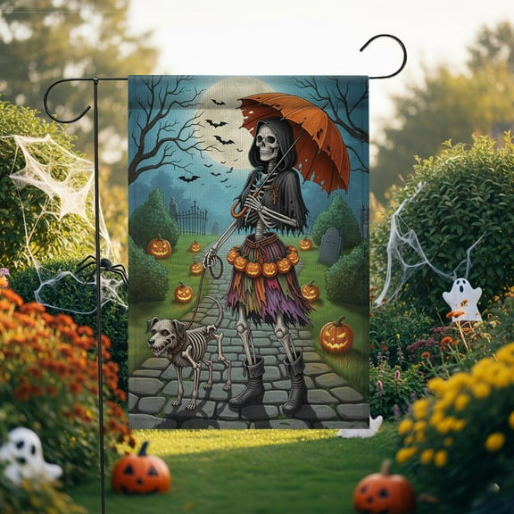 TiniDecor Skeleton Woman with Dog Garden Flag – 12”x18” Halloween Decor, Spooky Fall Yard Sign
