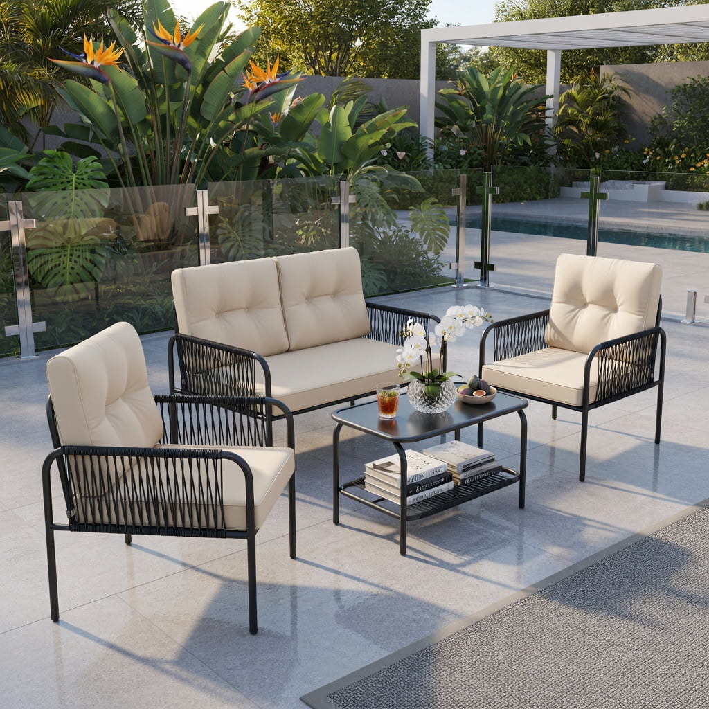 Hommoo 4-Piece PE Rattan Patio Furniture Set, Loveseat, 2 Chairs, Coffee Table with Removable Cushions for Backyard, Poolside & Patio, Beige