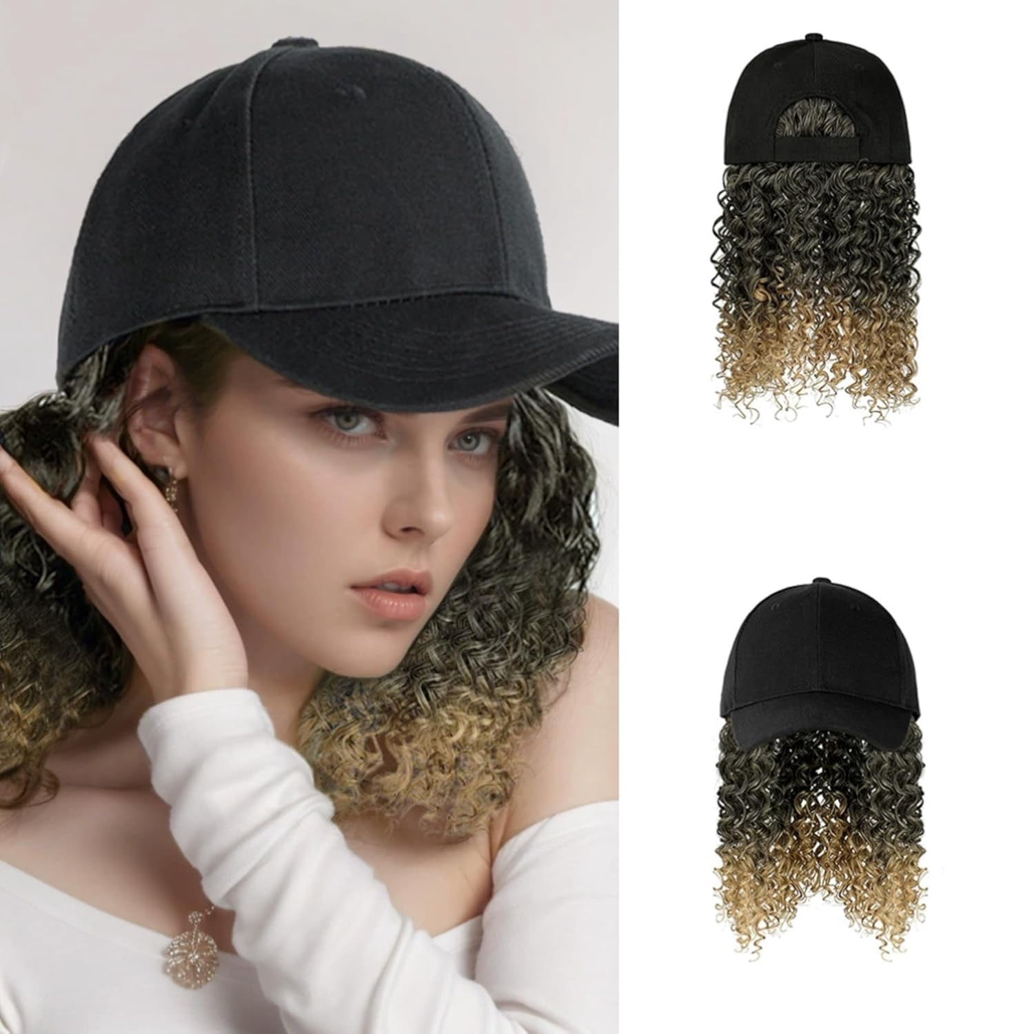YEKEYI Headband Wig Human Hair Wigs Baseball cap Wig Curly Deep Wave Headband Wig Hat Wigs (Black hat Long Lbrown wig)