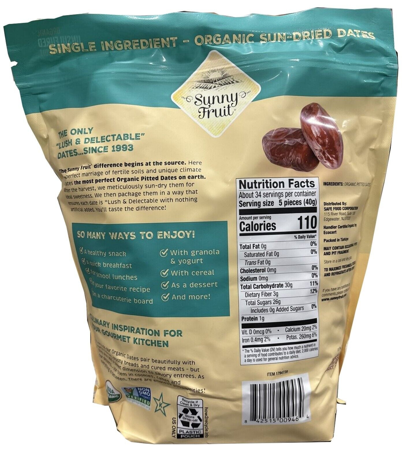 ORGANIC Pitted Dates (Deglet Nour) - Sunny Fruit 48oz Bulk Bag (3 lbs) | NO Added Sugars, Sulfurs or Preservatives | NON-GMO, VEGAN, HALAL & KOSHER
