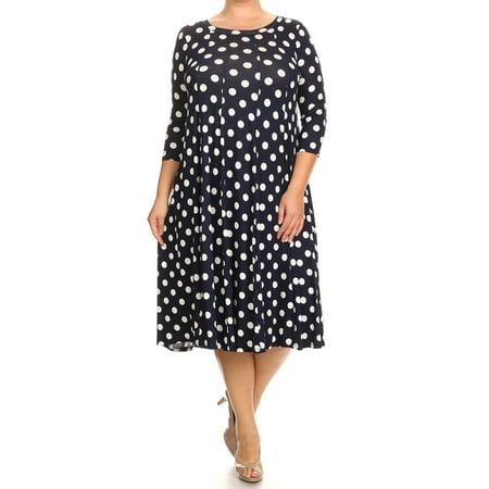Women's PLUS trendy style polka dot print 3/4 sleeve midi dress.