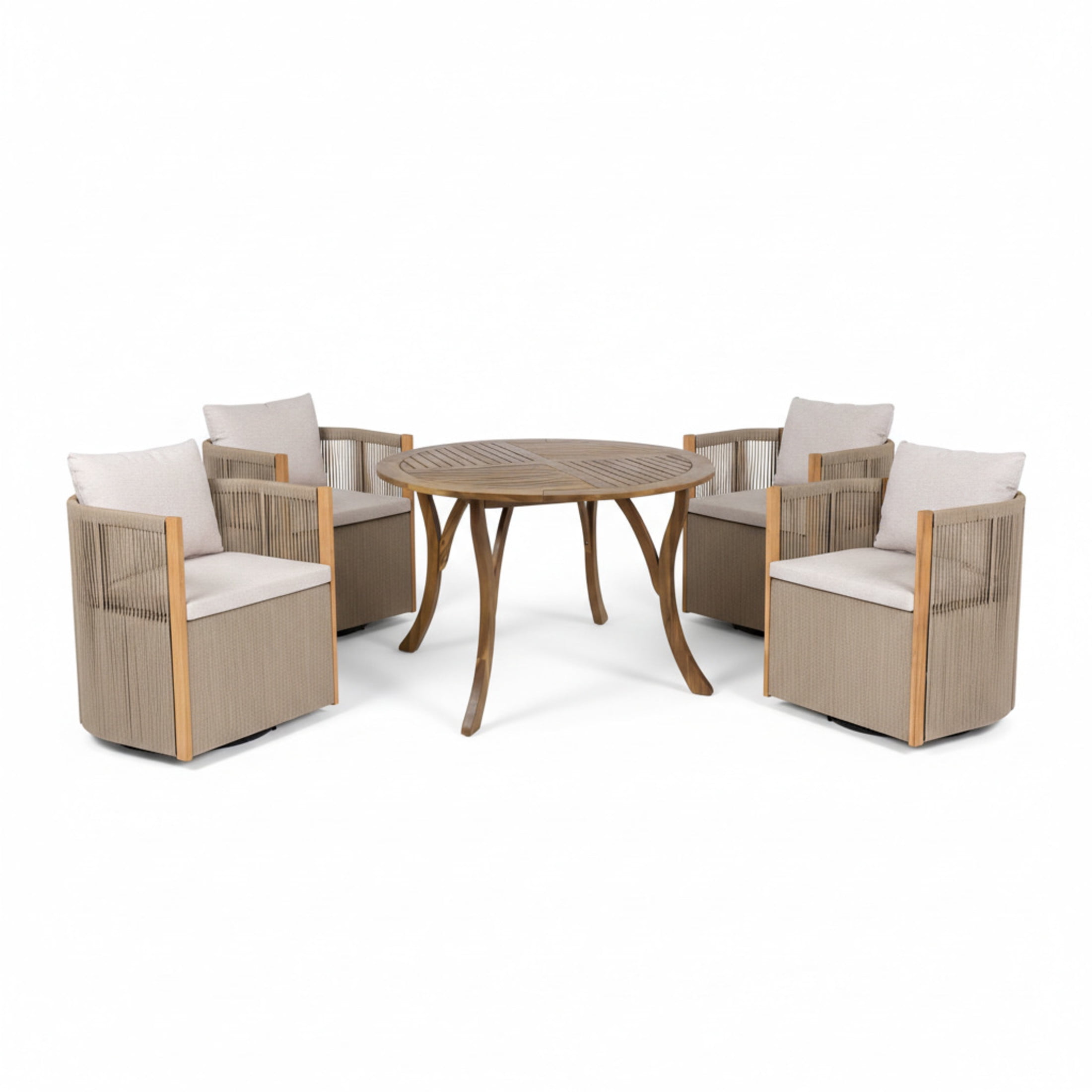 Christopher Knight Home 5 Piece Patio Dining Set, Swivel Rope Chairs and Round Table with Curved Legs, Beige
