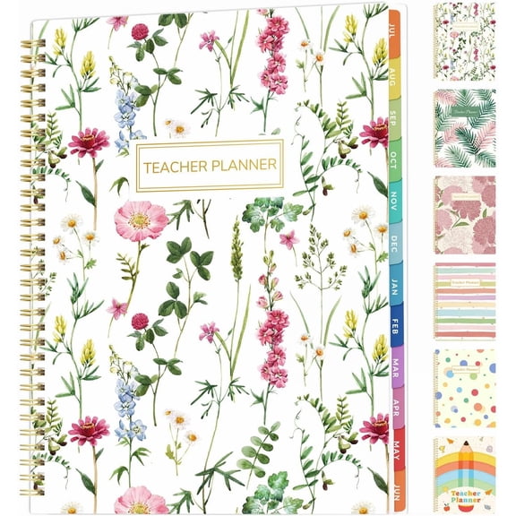 Teacher Planner 2026-2027 Academic Year, 7 Periods Lesson Plan Book Jul 2026 - Jun 2027, 8.5"x11"Daily Weekly Monthly Organizers Horizontal Layout with Calendars, Bookmark, Tabs, Wildflowers