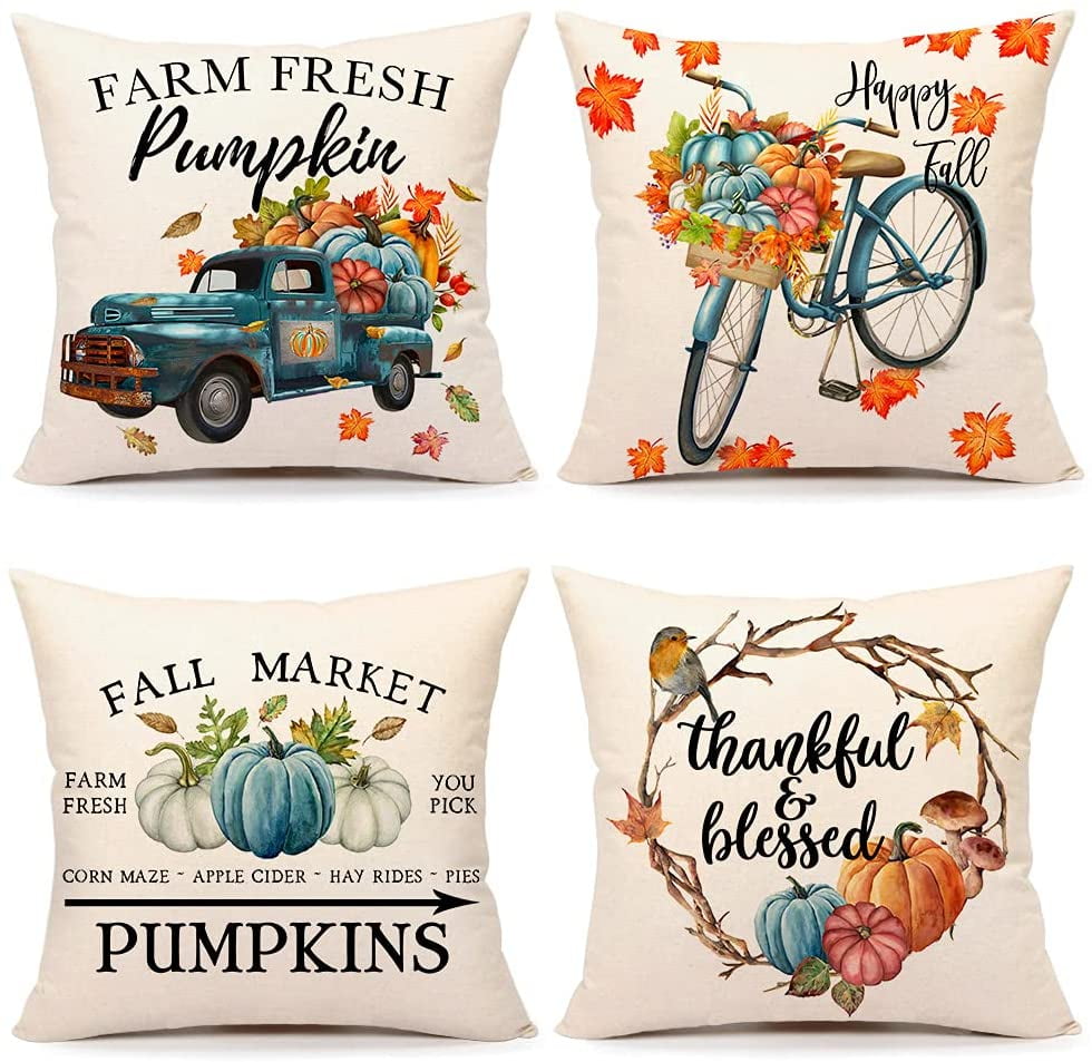 Pumpkin Pillows Blue Fall Decor Cases for Farmhouse Fall Pillow Covers Patch Truck Autumn Harvest Theme Thanksgiving Decorations Ouddy Thanksgiving Pillow Covers 18x18 Set of 4 