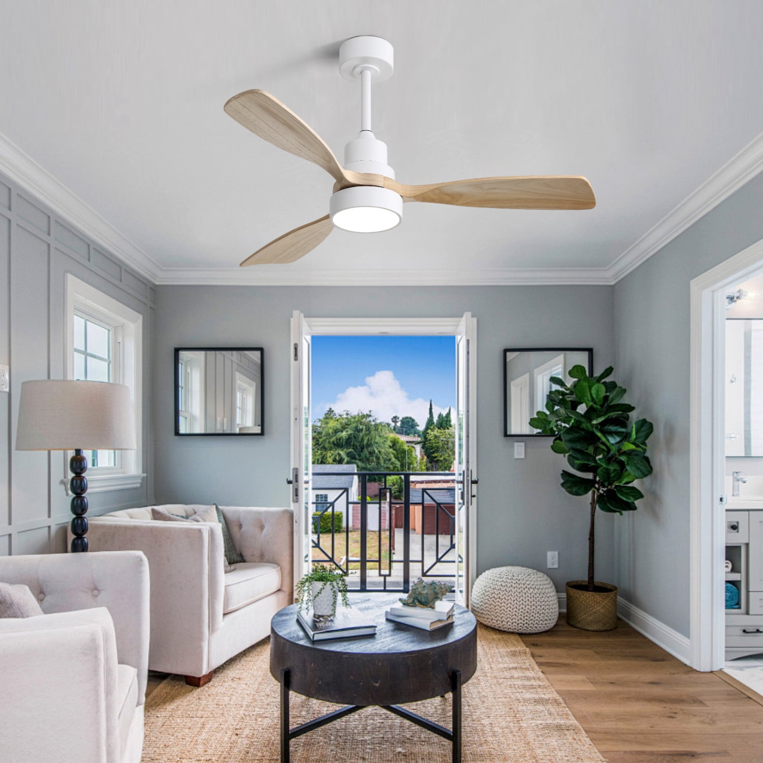 Sofucor 48 Inch Ceiling Fan with Light, Solid Wood Low Profile Ceiling Fans with Lights and Remote, Quiet DC Motor, 3 Blade Ceiling Fan for Bedroom Living Room Patio