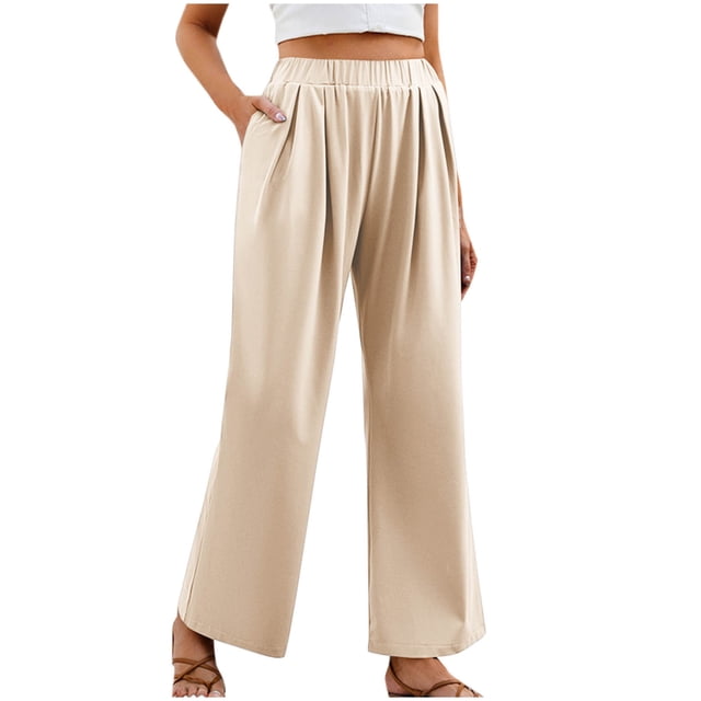 Timegard Wide Leg Pants for Women Elastic Waisted Ruched Comfy Summer Casual Loose Trousers with Pockets