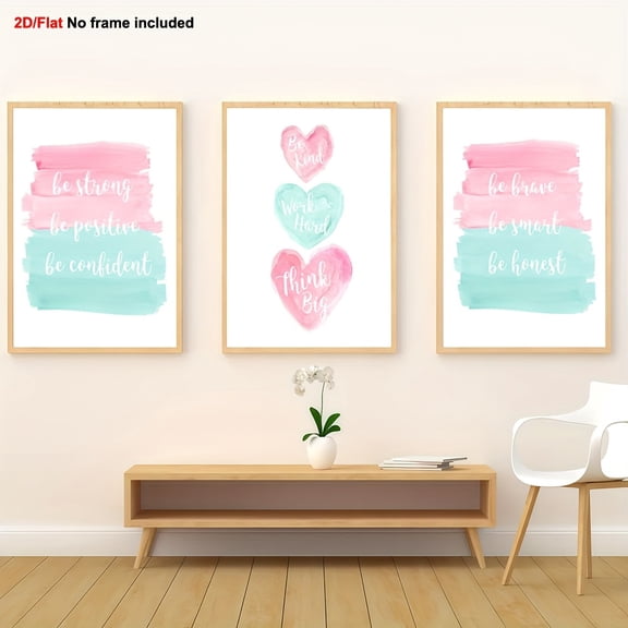 3pcs Decorative Paintings, 2D Flat Frameless Canvas Art, Children's Bedroom Motto for Boys and Girls Game Room with Coral & Mint Prints, Inspirational Wall Décor Set of 3 Positive Affirmations Poste
