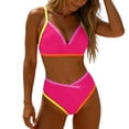 thumbnail image 2 of UTSJKR Women's V Neck Colorblock Tie Back Bikini Swimsuit, Padded Wireless 2 Piece Bathing Suit for Summer Vacation Beach Wear Hot Pink S, 2 of 8