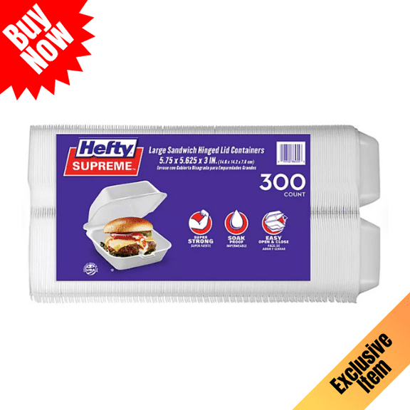 Hefty Supreme Large Sandwich Foam Hinged Lid Containers, 6 Inch, 300 Count