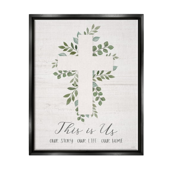 Stupell Industries This Is Us Botanical Cross Symbol Religious Painting Black Floater Framed Art Print Wall Art