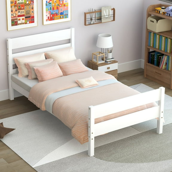 Bellemave Twin Bed Frames,Wood Platform Bed with Headboard and Footboard, Twin Size Sleigh Bed with Wood Slat Support, No Box Spring Needed (White)