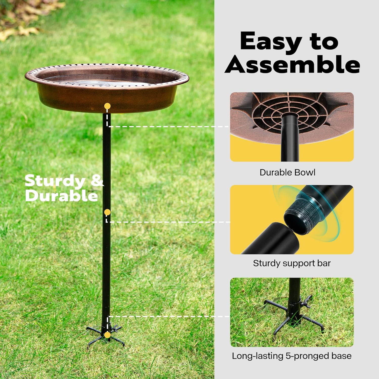 SPECSTAR Oval Polyresin Bird Bath Bowl with Metal Stake, 29 inch Height Outdoor Freestanding Birdfeeder, Capacity 1.3 Gallons, 5-Pronged Base, Bronze