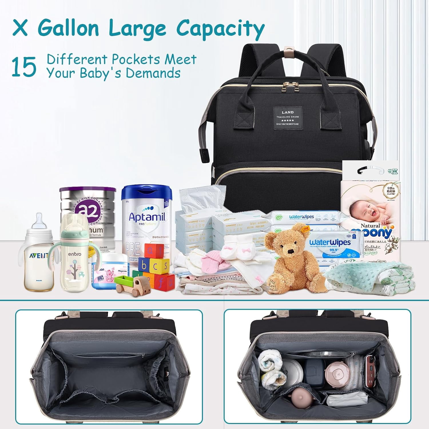 RSENFREMIOR Diaper Bag with Changing Station for Mom Dad, Large Capacity Travel Backpack with Stroller Straps ,3 in 1 Waterproof Foldable Changing Bag with Foldable Crib for Girls Boys