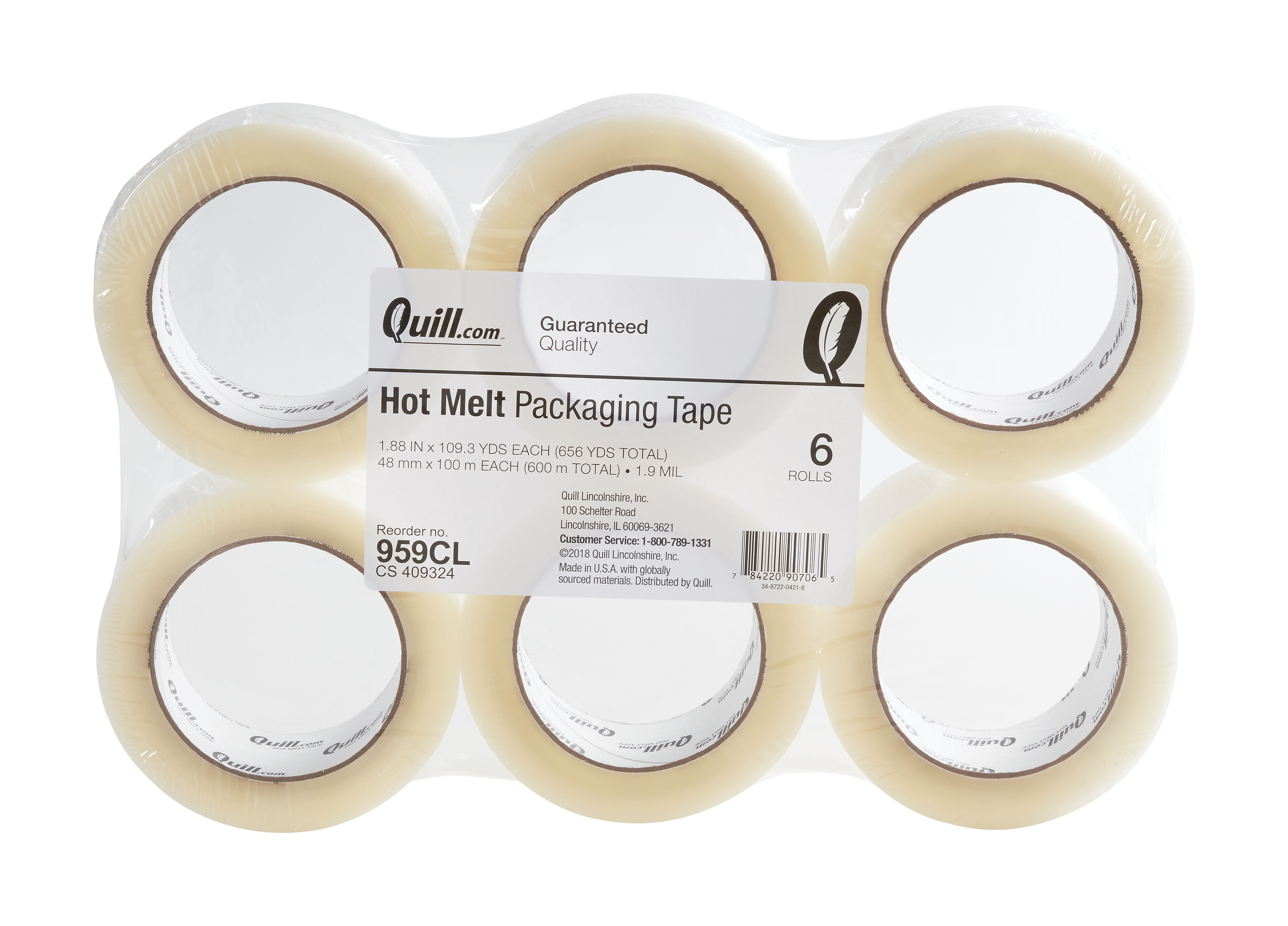 Quill Brand Quill 1.9 Mil Hot Melt Packaging Tape; Clear 110 yds 6 pack