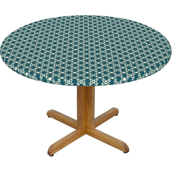 Round Fitted Tablecloth 44 Inch, Traditional Blue Geometric Round Fitted Tablecloth Fitted Table Clothes Wipeable Table Cloth Cover Farmhouse Table Cover for Dining, Party, Buffet, Wedding