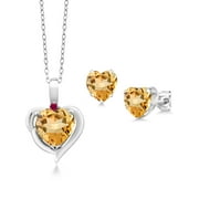 Gem Stone King 925 Sterling Silver Yellow Citrine and Red Created Ruby Pendant Necklace Earrings Set For Women (2.72 Cttw, Heart Shape 8MM and 6MM, with 18 inch Chain)