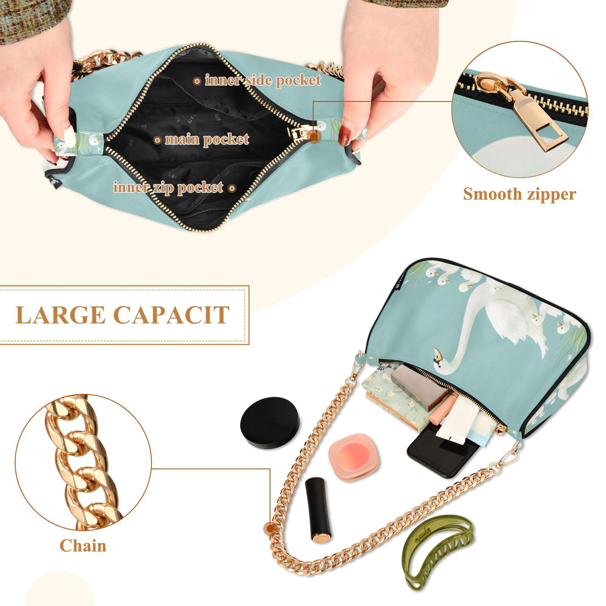 FORMRS Womens Shoulder Bag with Chain Strap Clutch Purse Cute Tote Handbag, White Cartoon Swan