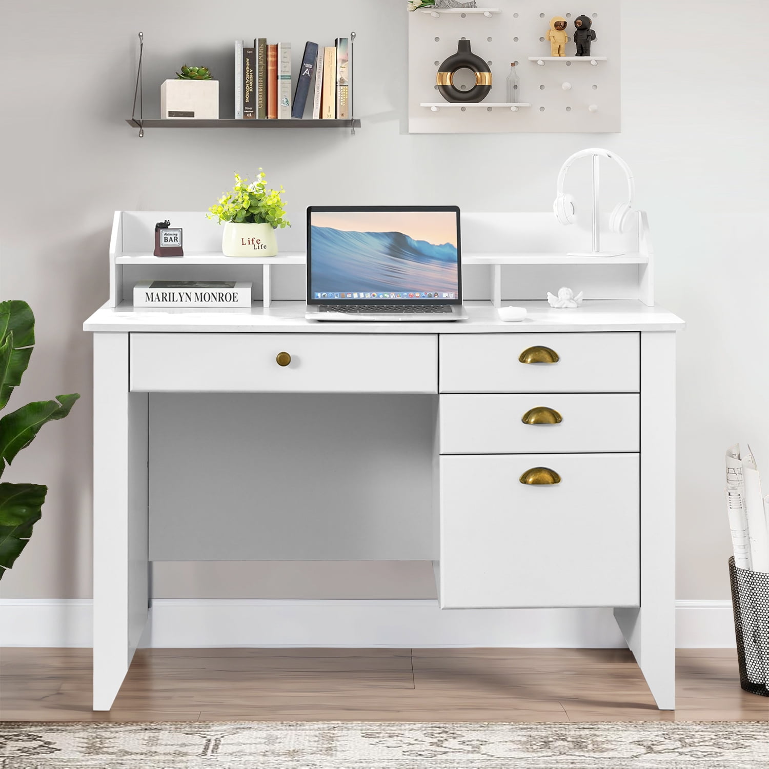 Catrimown Computer Desk with Drawers, 47.5 in White Desk with 4 Drawers, Home Office Desk with Monitor Stand, White