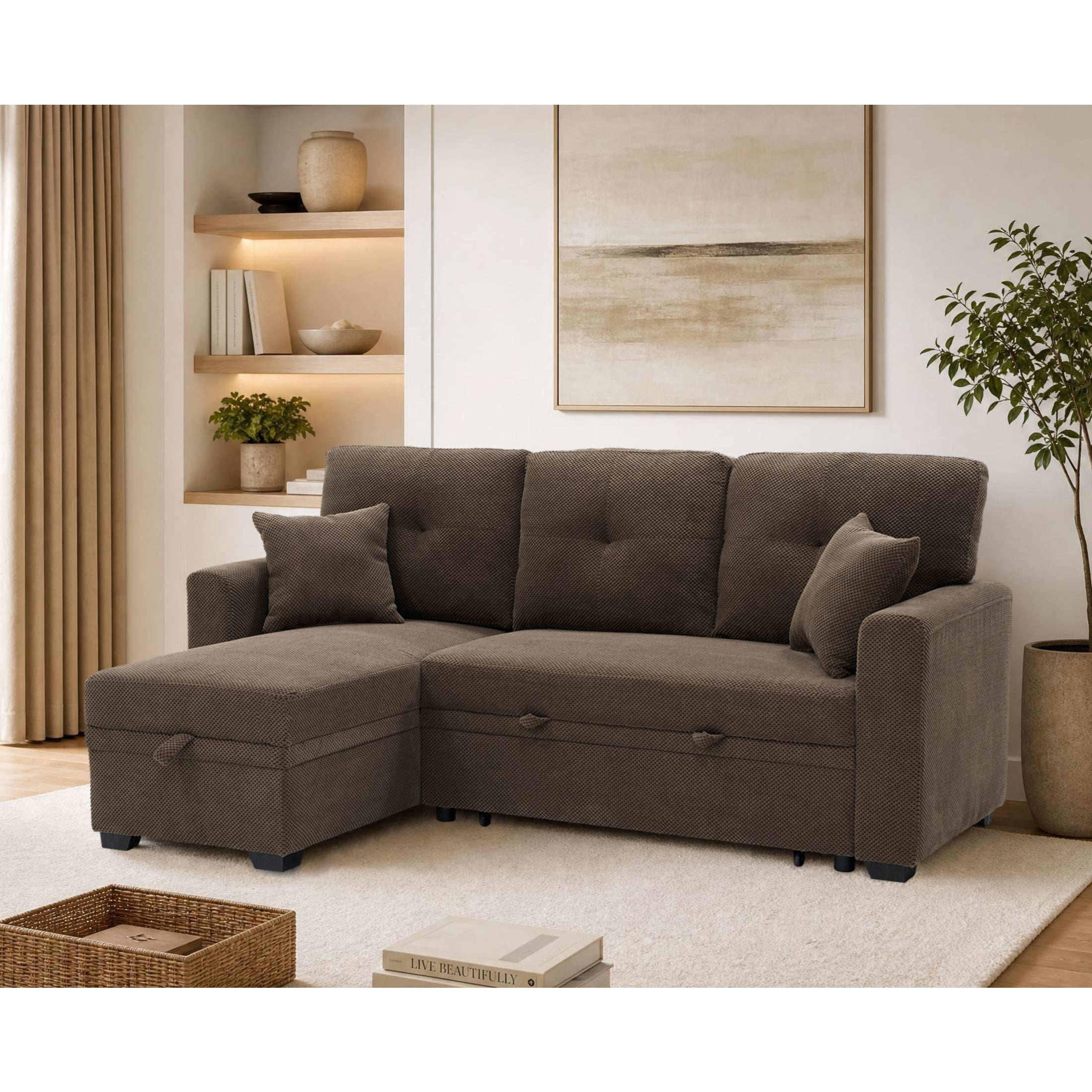 Noble House Sleeper Sectional Sofa with Pull-Out Bed, Reversible Storage Chaise, Coffee