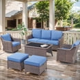 thumbnail image 2 of OPOHORO 6 Pieces Patio Furniture Set with Patio Couch Swivel Chair Coffee Table and Ottoman, Brown Wicker Furniture Ideas for the Patio Proch Deck in Blue, 2 of 14