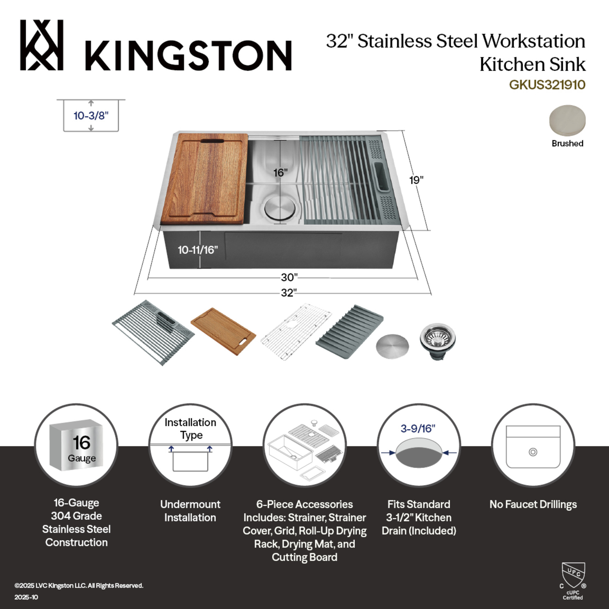 Kingston Brass GKUS321910 Uptowne 32-Inch Stainless Steel Single Bowl Undermount Kitchen Sink with 6-Piece Kitchen Accessory Set in Brushed