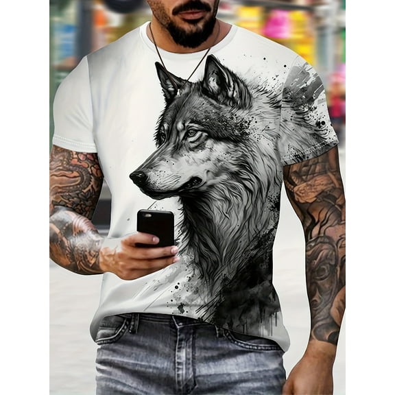 Anime Cool Wolf Digital Printing Men's fashion Short Sleeve Round Neck T-Shirt, Summer Outdoor, As A Gift