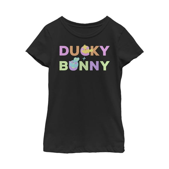 Girl's Toy Story Ducky & Bunny Rainbow Text Graphic Tee Black X Small
