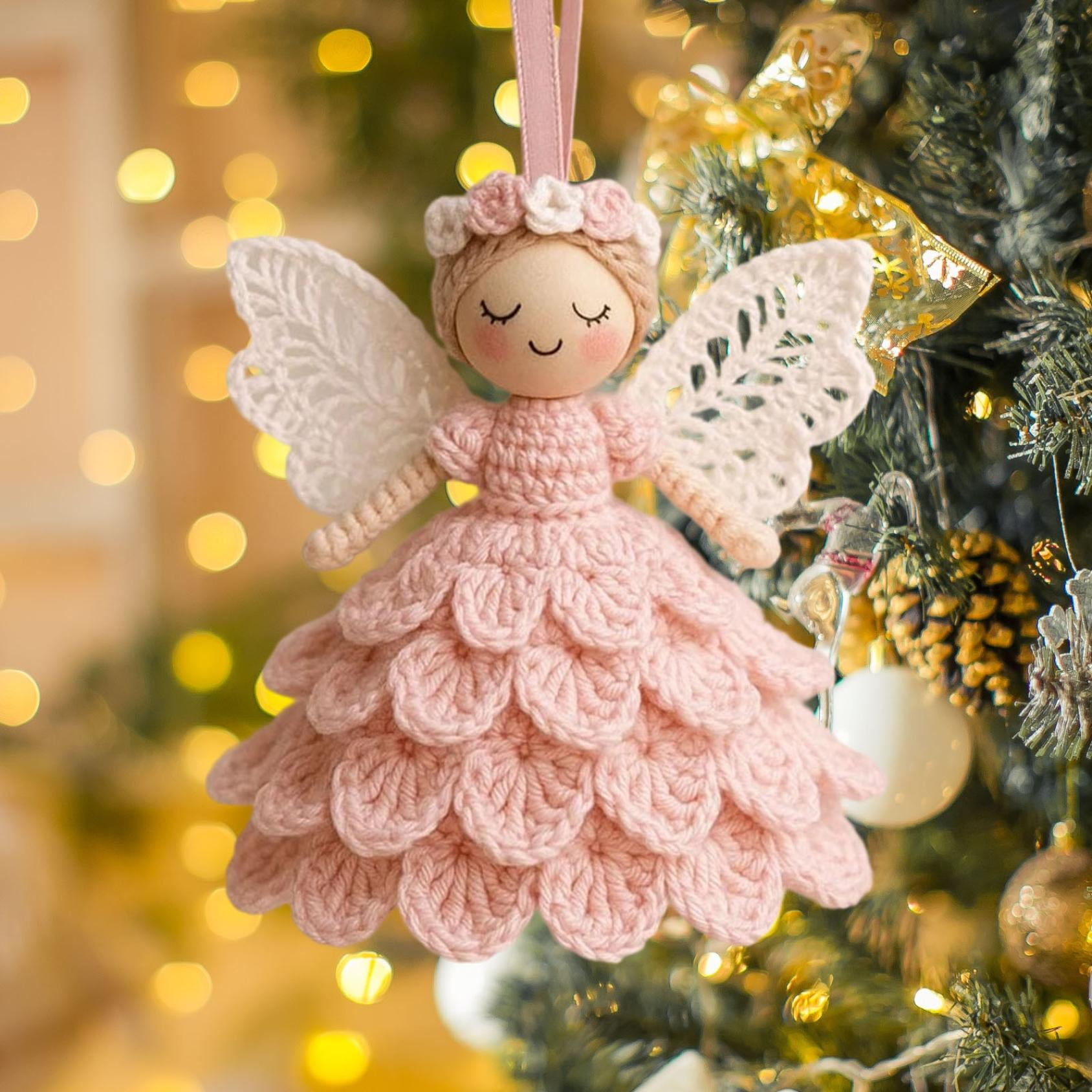 Christmas Crochet Angel Ornament Craft Kit - Cute Soft Knitted Yarn Pendant, Complete DIY Decor Set for Christmas Tree, Handmade Accessories for Personalized & Wall Decor, Pink, 5.91in