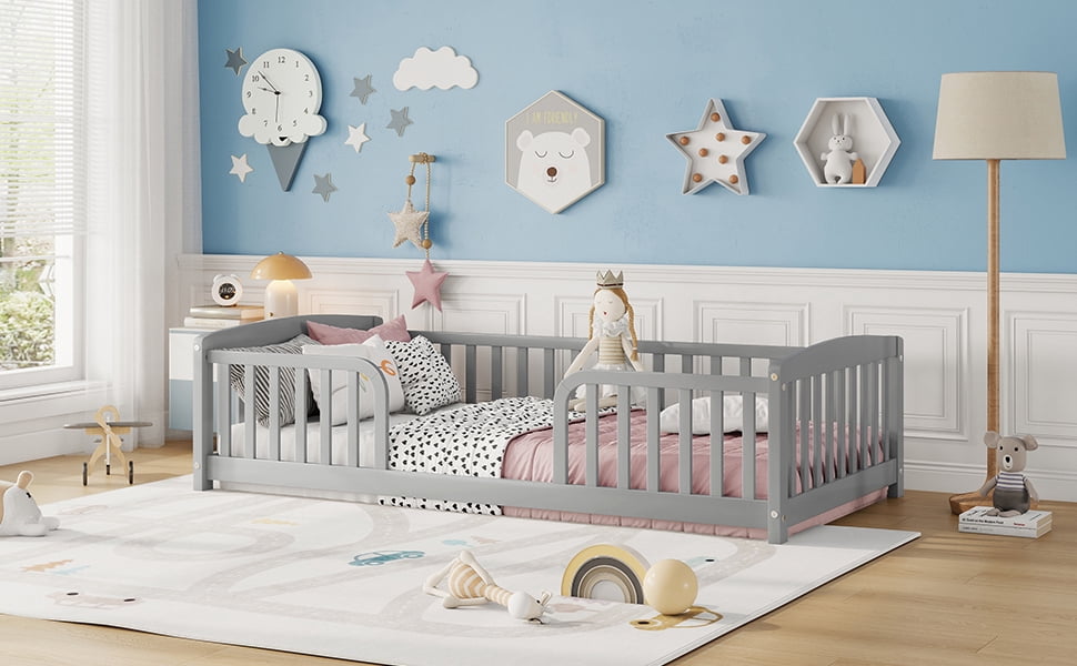 Mintazer Twin Size Toddler Floor Bed with Guardrails & Central Entrance, Grey