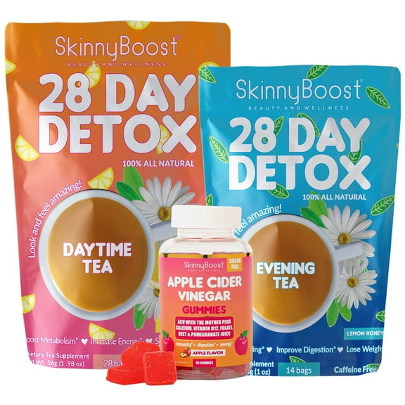 Skinny Boost - Detox Power Kit-1 - Daytime Tea (28 Bags)1 Evening Detox Tea (14 Bags) & 1 SUGAR FREE Apple Cider Vinegar Gummies (60 Vegan Gummies), Supports Detox & Cleanse-Non GMO, Vegan