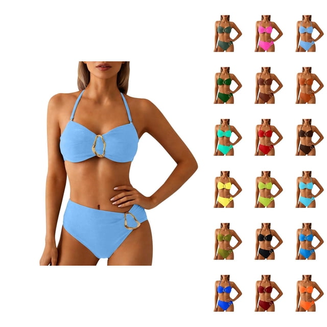 Bikinis for Women 2026 Fashionable Metal Buckle Adjustable Straps Top with High Waisted Bottom Two Piece Bathing Suits Woman