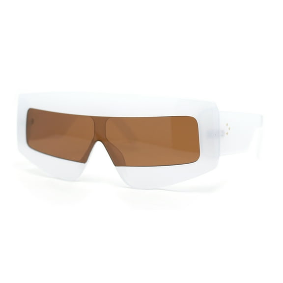 Womens Flat Top Thick Plastic Shield Rectangle Retro Futurism Sunglasses White - Brown