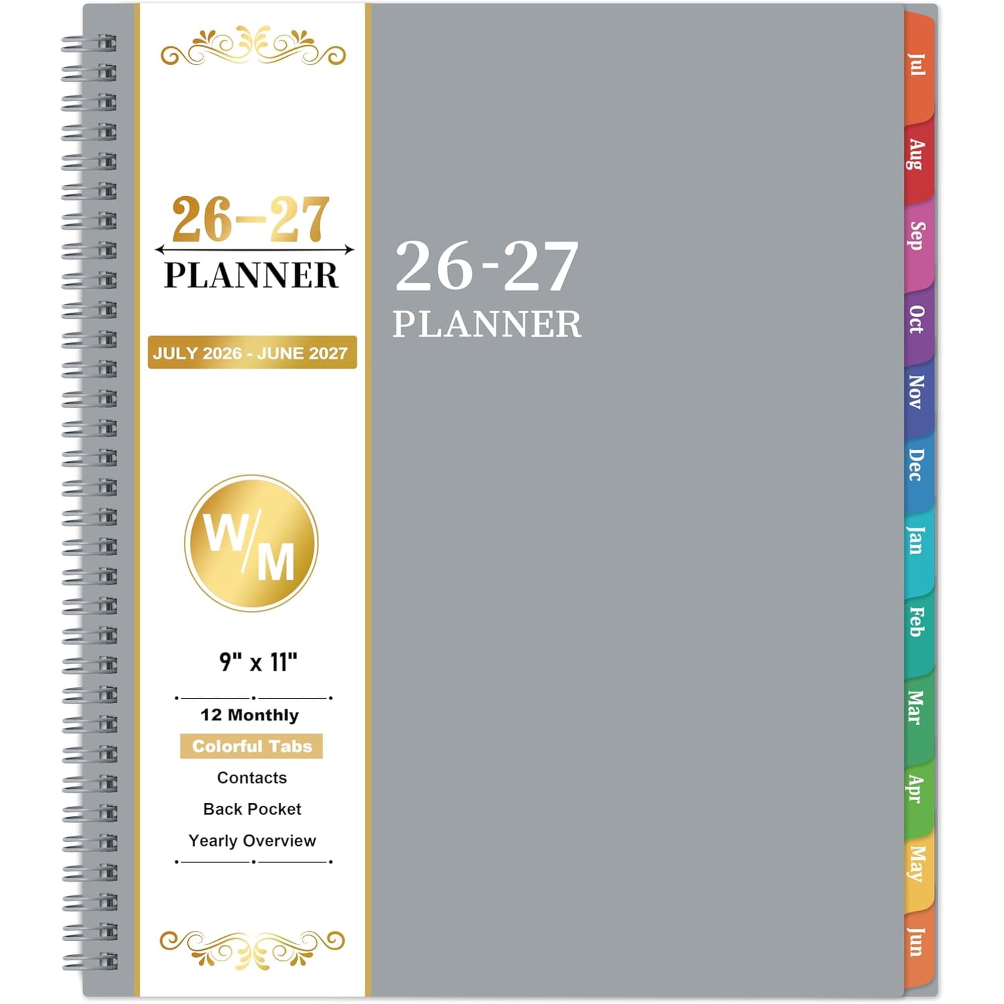Planner 2026-2027 - Academic Planner 2026-2027 | July 2026 - June 2027 9 x 11 2027 Planner Weekly and Monthly with Colorful Tabs Calendar Planners with Pocket - Grey