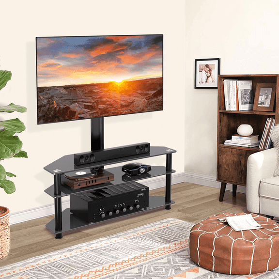 RTVR Modern 3-in-1 Flat Panel TV Stand for TVs up to 75 inch, Black Glass Shelves Table with Swivel Mount