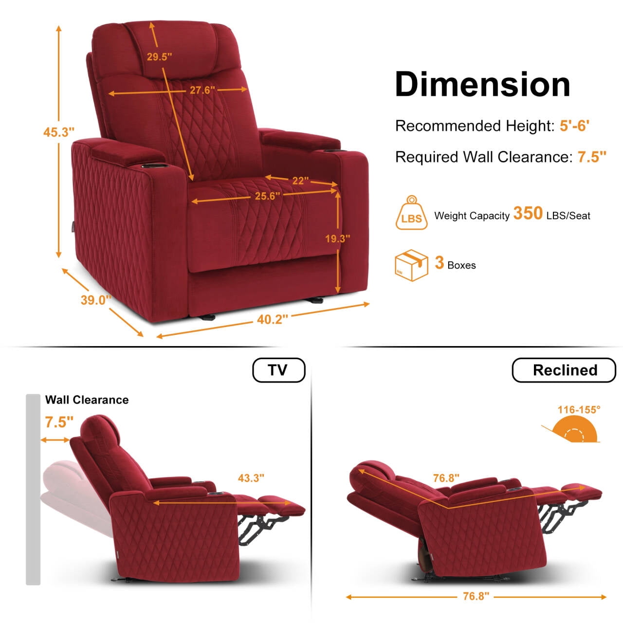 MCombo Power Recliner Chair with Power Headrest, LED Light, Armrest Storage for Living Room & Home Theater, Velvet, Red