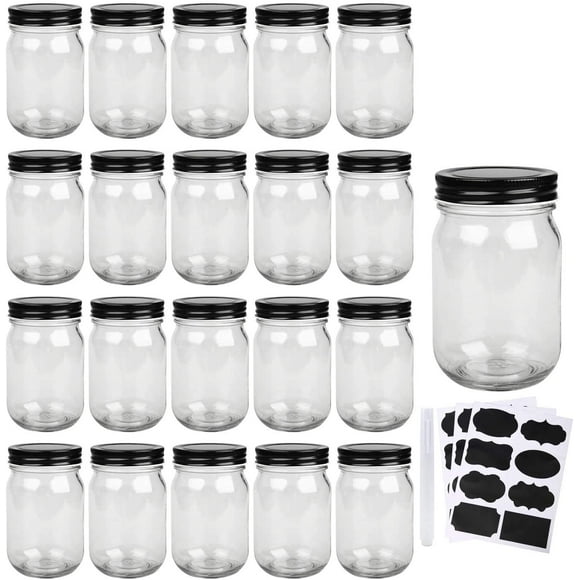 Bocaux Mason, Bocaux en Verre avec Couvercles 12 oz, Bocaux de Conserve pour Cornichons et Rangement de Cuisine, Bocaux à Large Ouverture avec Couvercles Noirs pour Miel, caviar, Herbe, Gelée, Confitures, Ensemble de 20A