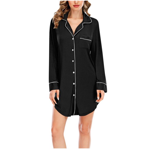 Gfyviroh Women's Button Nightshirts Solid Color Turn Down Collar Loungewear Sleepshirts Long Sleeve Casual Nightgowns with Pocket