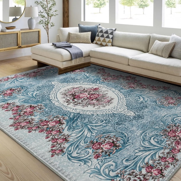 Alfombra Area Easy-Going, 183 x 274 cm, lavable, con estampado floral, rojo