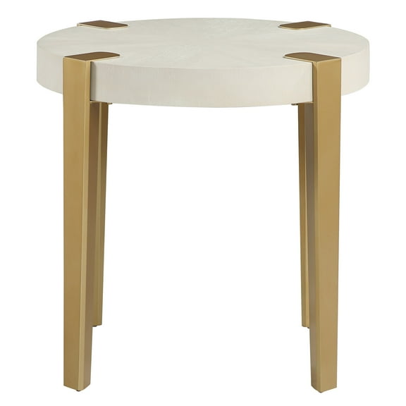 Steve Silver Gracie Industrial Modern Round End Table with Iron Legs, Washed White/Gold