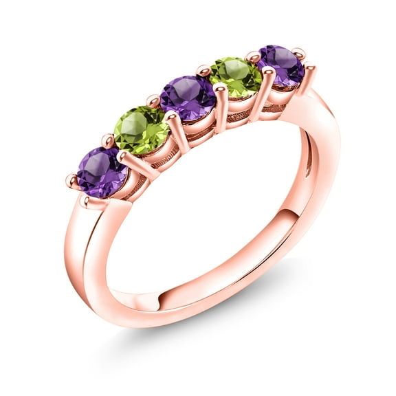 Gem Stone King 18K Rose Gold Plated Silver Purple Amethyst and Green Peridot 5-Stone Wedding Anniversary Band Ring for Women (0.89 Cttw, Gemstone February Birthstone, Size 7)